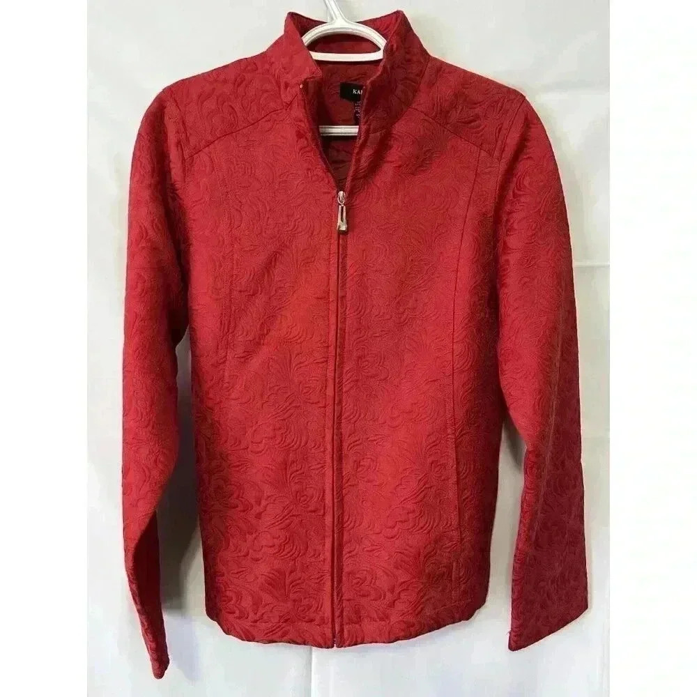 Kaktus Red Jacquard Textured Mock Neck Zip Jacket - Chic Quiet Luxury